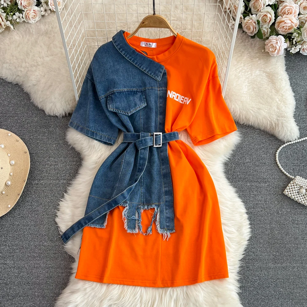 2023 Summer Retro Korean Style Waist Wrap with Belt Round Neck Colored Denim Shirt Spring New Chic Casual Mid Length Top