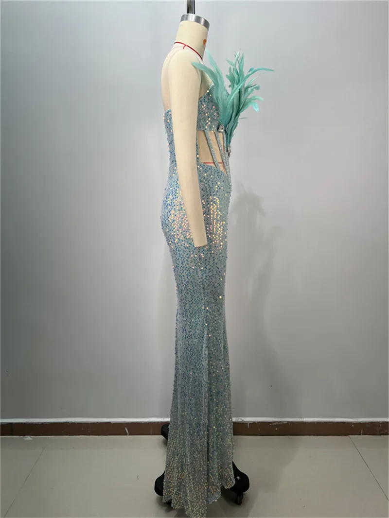 Abito da sera di fascia alta con paillettes blu menta trasparente sexy di lusso con strass di piume di nuovo arrivo