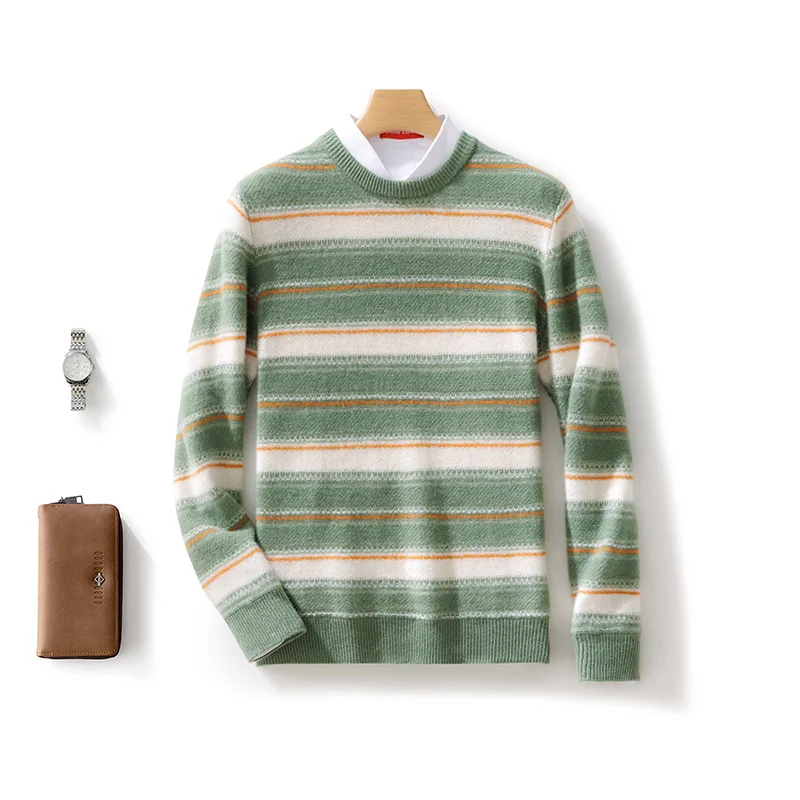 Autumn Winter 100% Merino Wool Men's O-Neck Striped Sweater Pullover Cashmere Long Sleeves Casual Color-Blocked Clothing Top