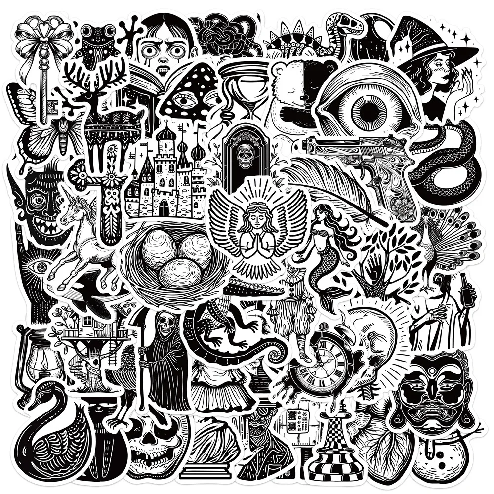 

10/30/50PCS Black and White Line Drawing Weird Cartoon Sticker DIY Phone Laptop Luggage Skateboard Graffiti Decals Fun for Toy