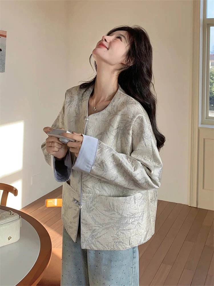 

Women's Jacket 2025 Spring Autumn New Fashion Round Neck Buckle Women Coat Loose Versatile Baseball Jackets Female Cardigan Coat