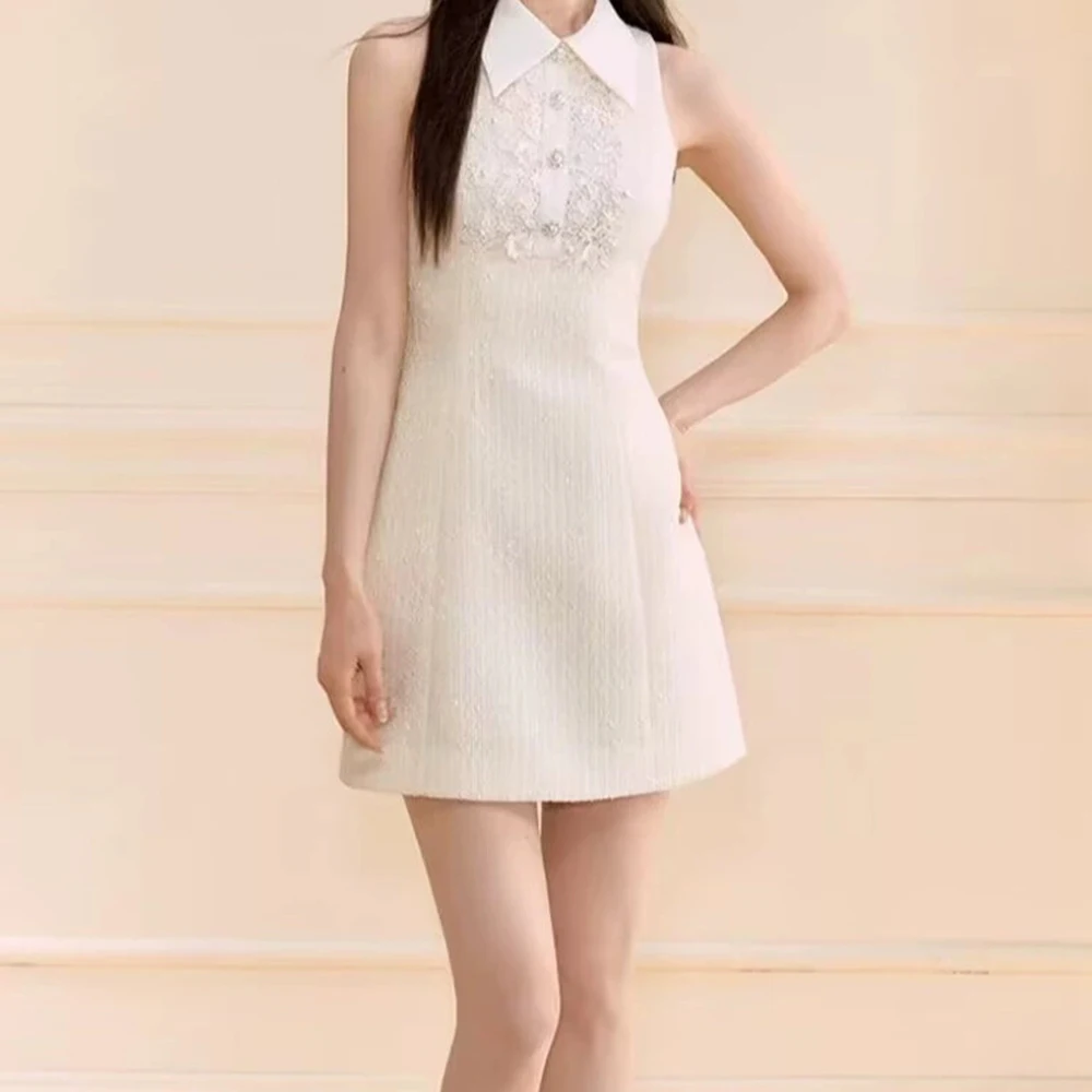 

Lace pearl sleeveless Qianjin style dress female 2025 summer heavy industry slimming short skirt a-line skirt-GZXX710