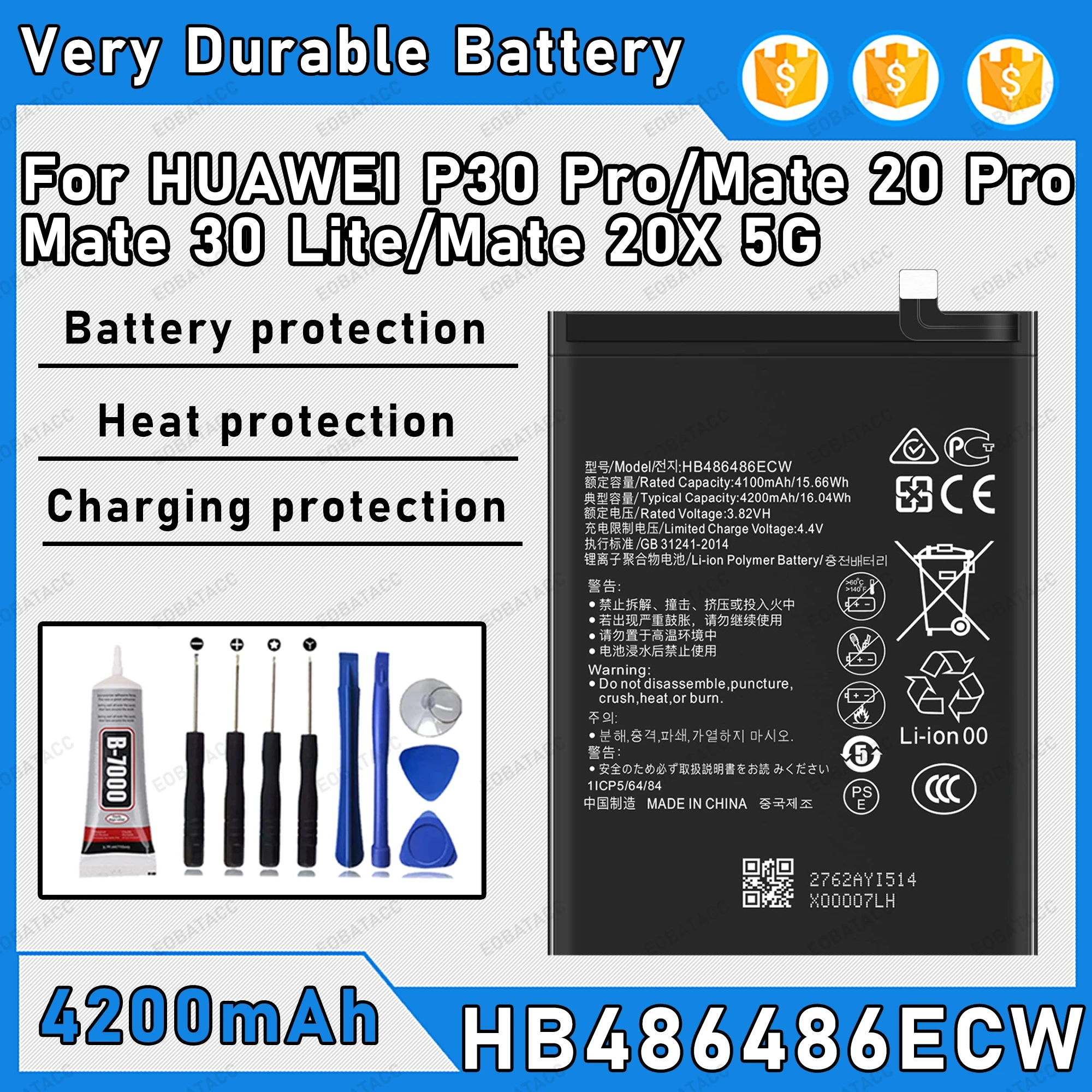 

4200mAh 100% New HB486486ECW Battery For HUAWEl P30 Pro/Mate 20 Pro/Mate 30 Lite Replacement Bateria+Free Tools