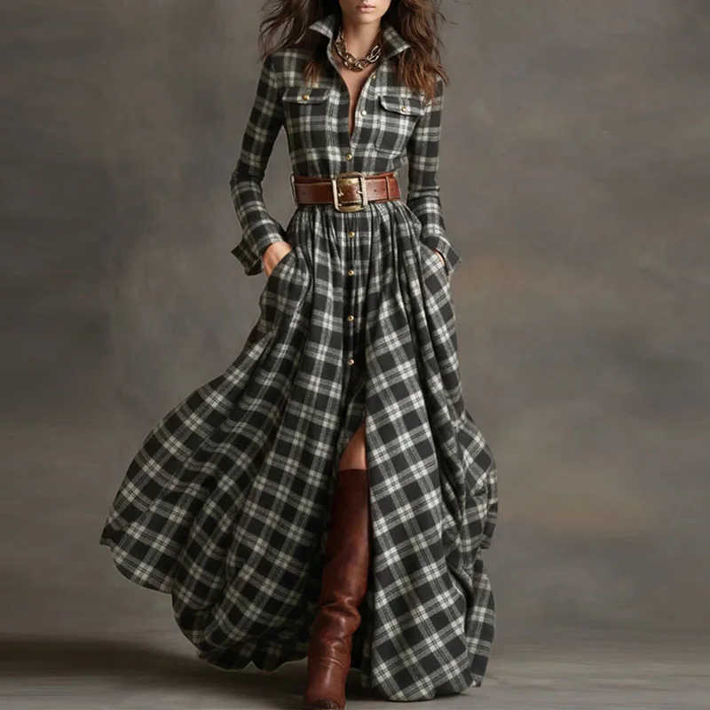 Boho Woman Clothing Elegant Shirt Collar Button Loose Long Dresses Retro New Plaid Print Pocket Swing Autumn Maxi Dress Vestidos