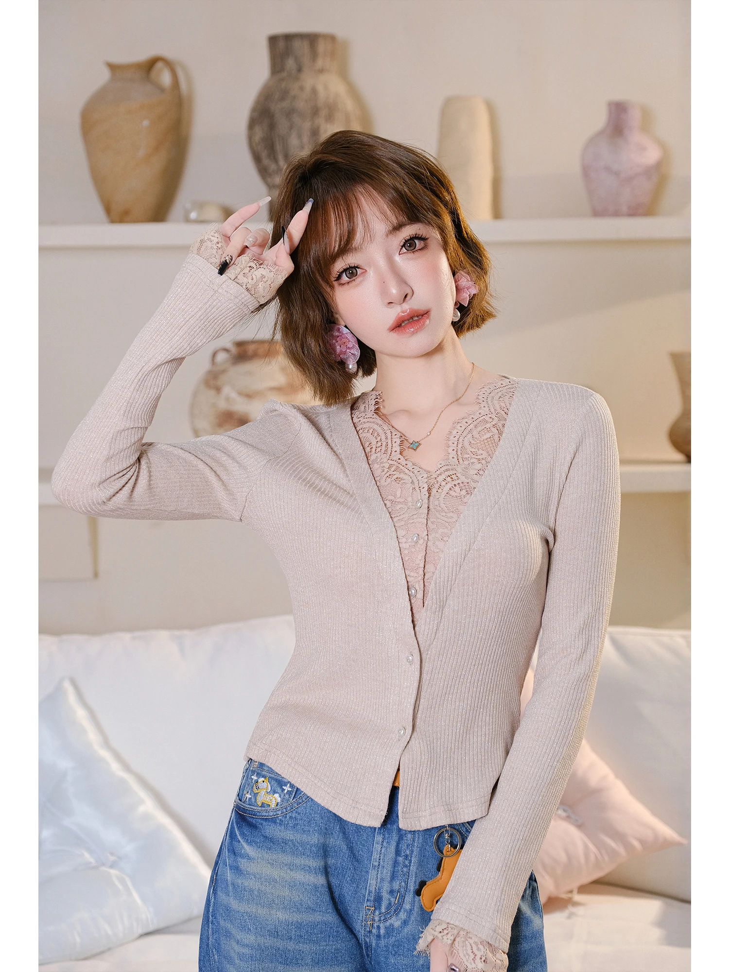 

MIUCO Lace Splice Knitted Shirt Slimming Shiny Thread Women's Fashion Early Spring New Style Two-Piece Look Pure Color Long S...