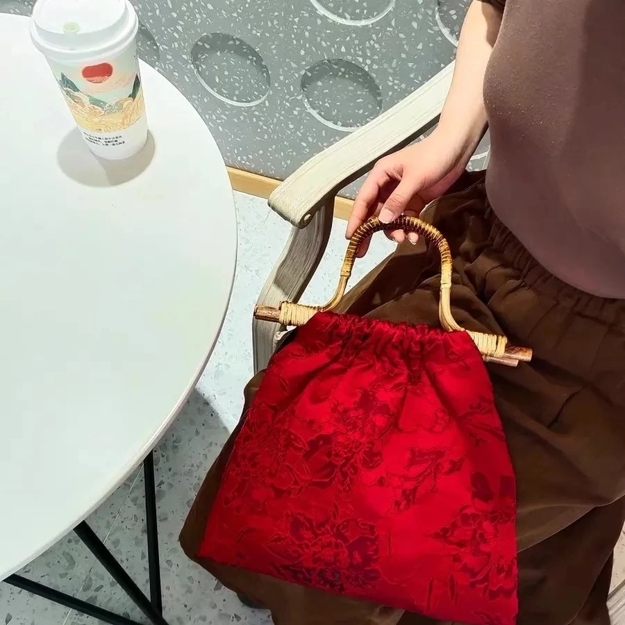 Vintage Classic Red Color Wedding Lace Purses for Women Wood Hand Bag Travel Beach Bags Women\'s Handbags Bag Bags