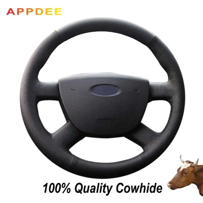 APPDEE Black Genuine Leather Car Steering Wheel Cover for Ford Focus 2 2005 2006 2007 2008 2009 2010 2011