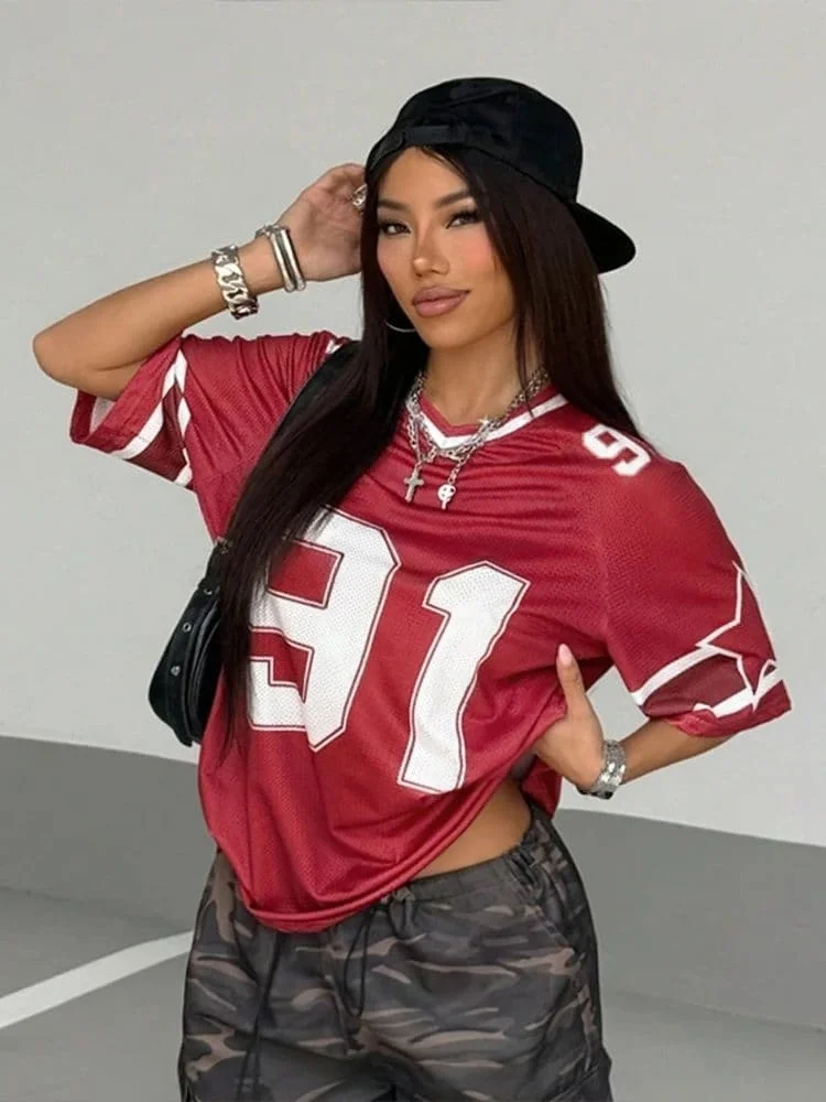 Summer Black Speed 91 Print T-Shirt for Women V-Neck Patchwork Short Sleeve Sports Football Jersey Y2K Loose Oversized Tops Kids