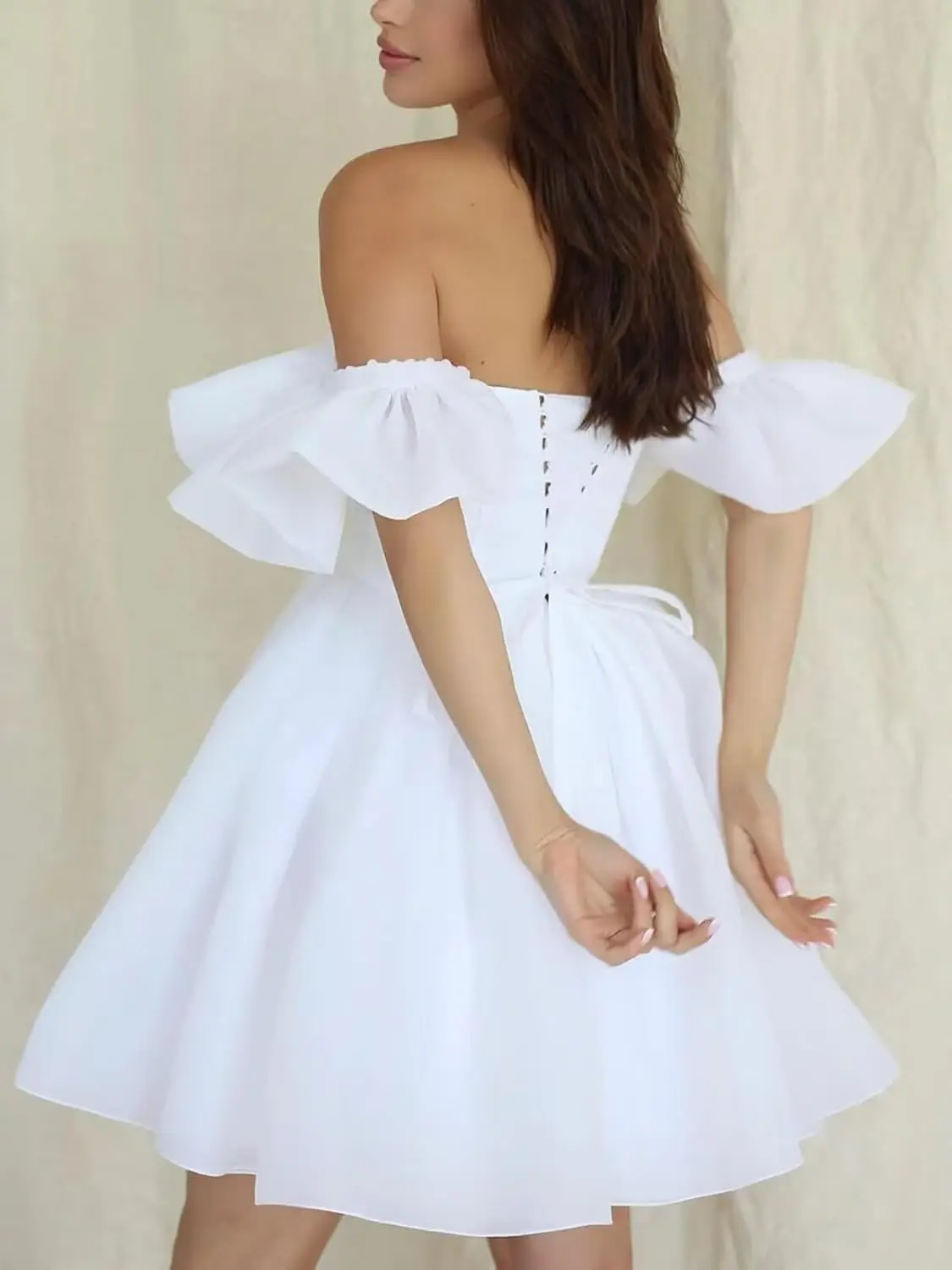 ชุดแต่งงานสั้นแบบเปิดไหล่สำหรับเจ้าสาว ผ้าทูลล์พองฟู ชุดเจ้าสาวมินิทรงเอ สำหรับงานปาร์ตี้ งานเลี้ยงจบการศึกษา