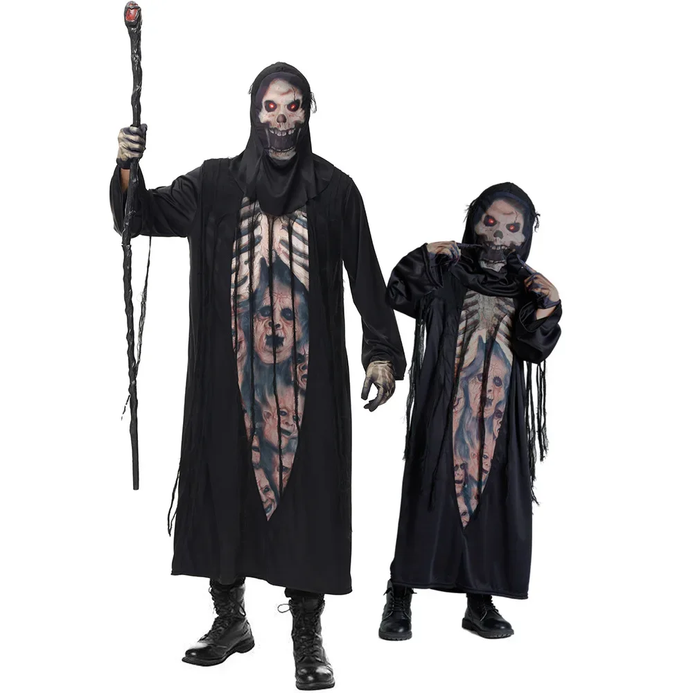 Gruseliges Skelett-Geist-Cosplay-Robe für Erwachsene und Kinder, Monster, Dämon, Teufel, Geist, Sensenmann, Mädchen, Jungen, Männer, Halloween-Party-Kostüm