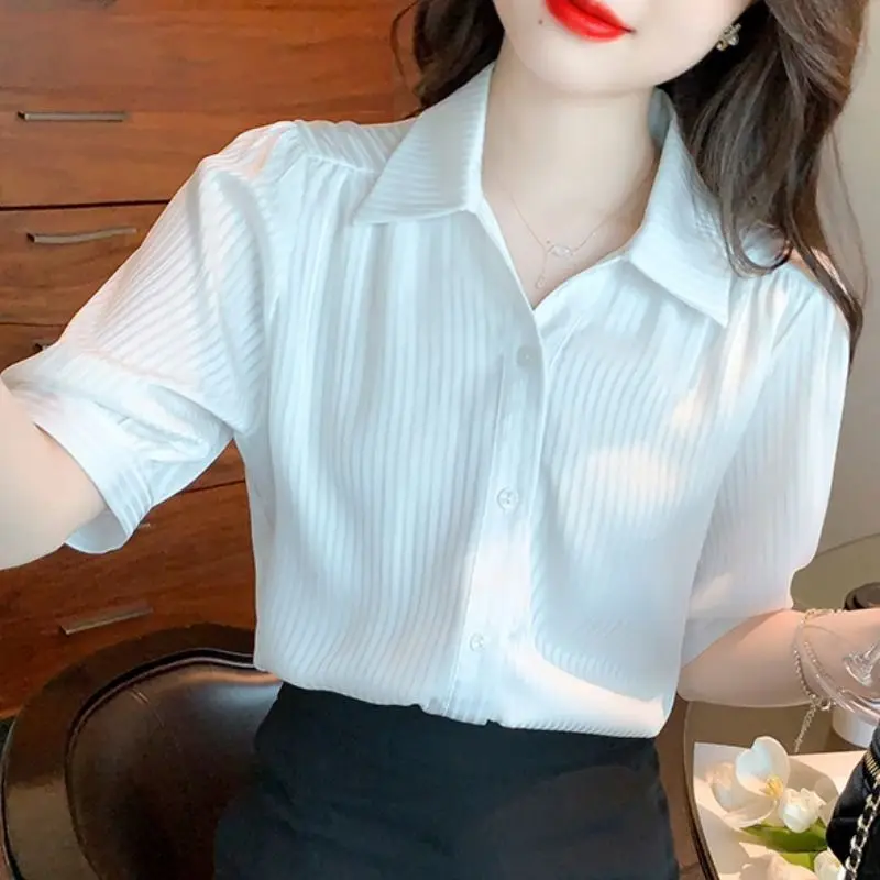 Simplicity Pure White Striped Single-breasted Blouse Women Classic Long Sleeve Office All-match Korean Lady Chiffon Shirt