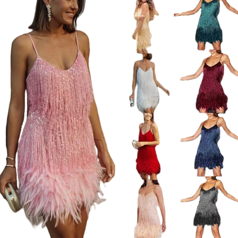

Sexy Tassel Sequins Feather Patchwork Mini Dress Women Straps Sleeveless Dresses Female Elegant Evening Party Club Short Skirts
