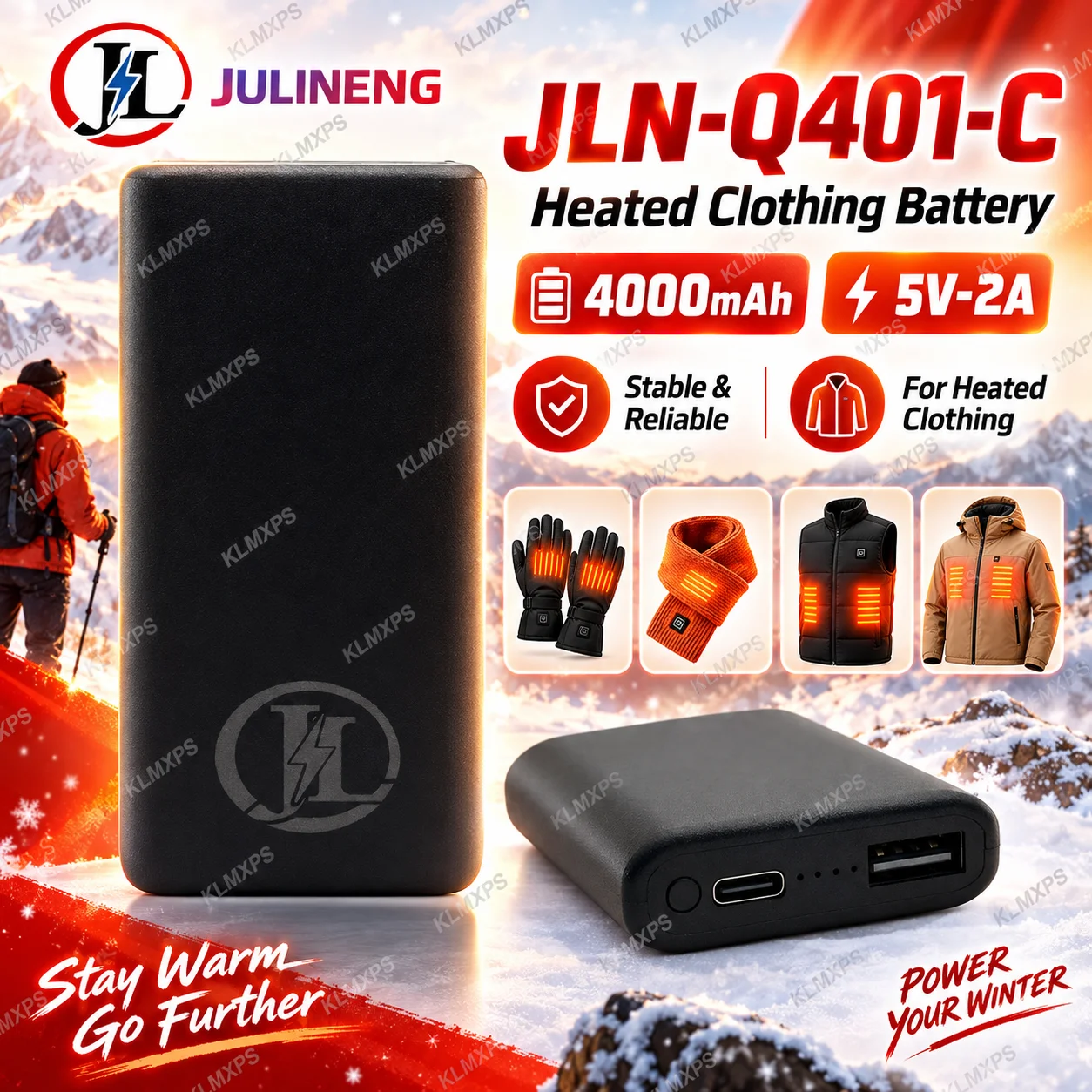 Q401-C 5V2A 4000mAh Rechargeable Lithium Battery for Heated Clothing Footwear Protective Gear Winter Power Bank Bulk Wholesale