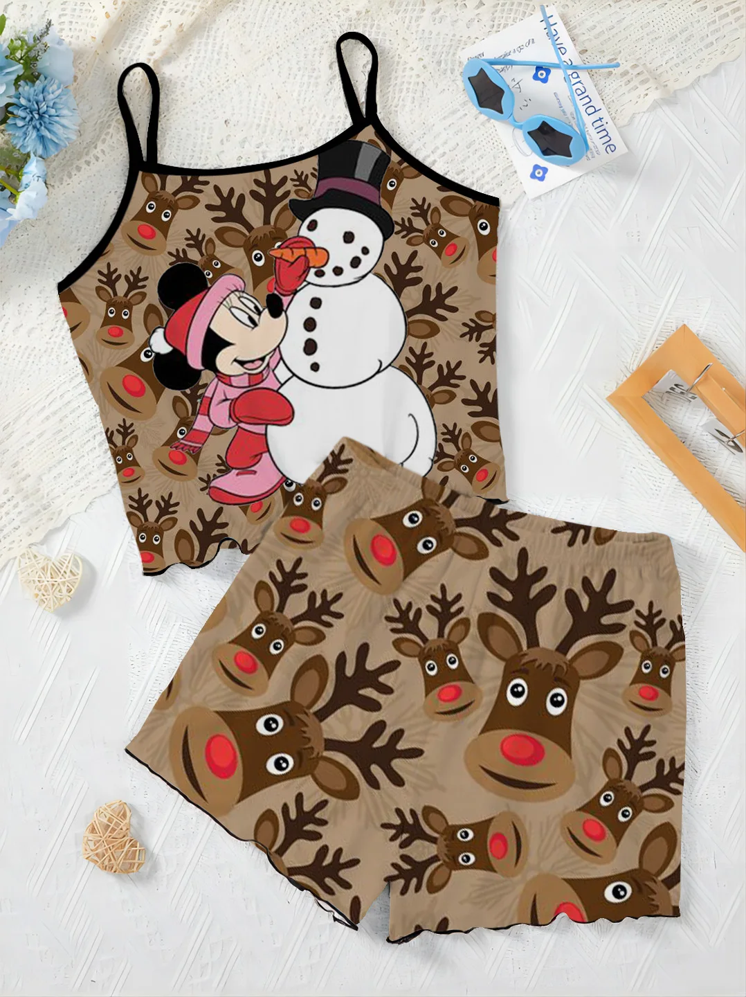 Disney-Ensemble T-shirt et jupe pyjama de Noël Minnie Mouse pour femme, garniture de laitue, robe d'intérieur, haut court imbibé, pièces élégantes