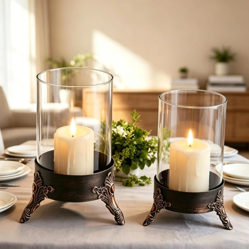 1pcs Hurricane Candle Holders, Metal Holders for Pillar Candles,Metal Base with Glass Candle Tray, Christmas Home Decor Items