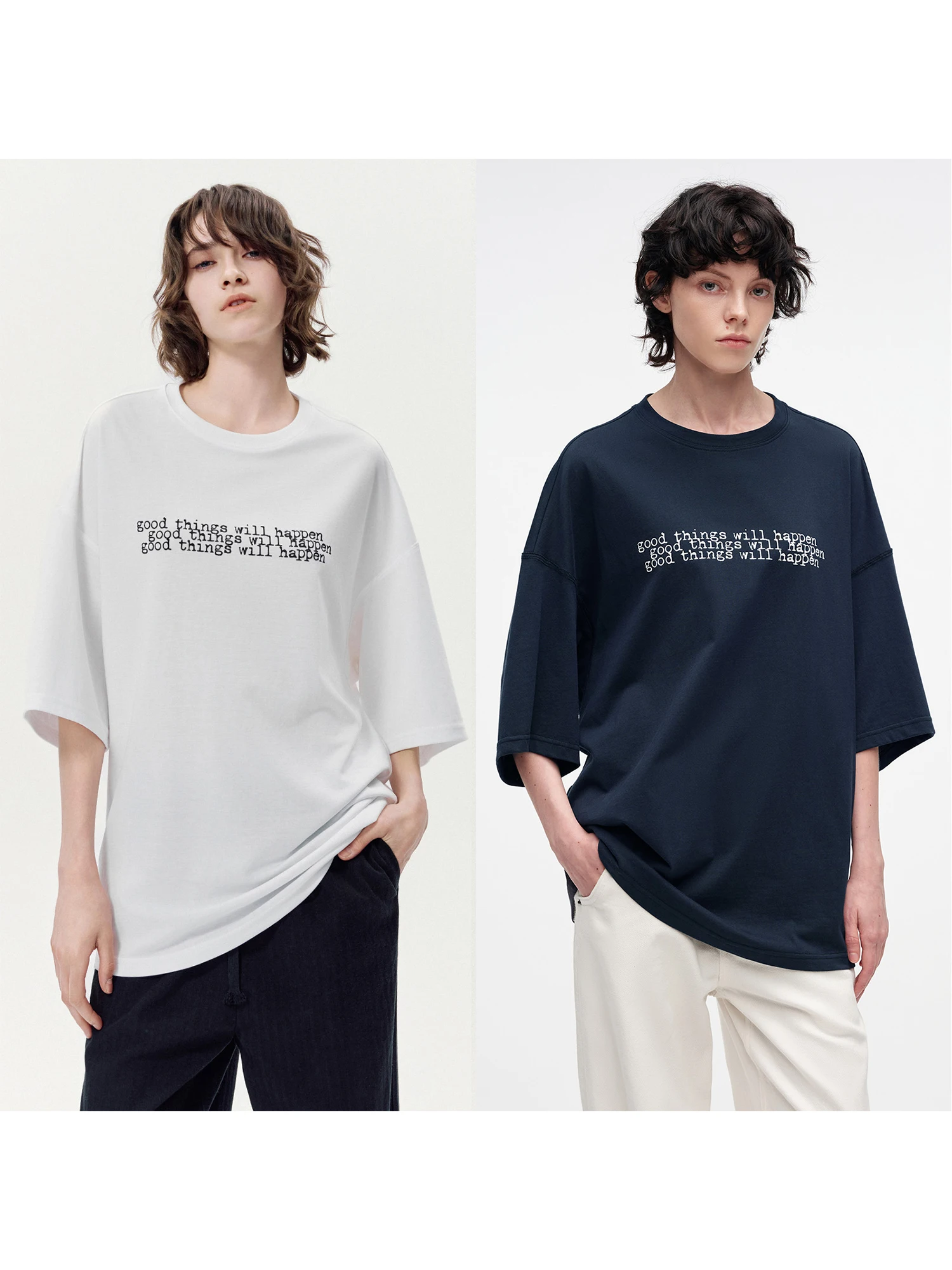 

Hua Ji Yan Good Things Are Coming Loose Shoulder Classic Five-Quarter Sve round Ne T-irt Versatile Comfortable Women's...