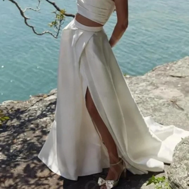 

Satin Wedding Party Long Skirt A Line Pleat High Side Slit Removable Bridal OverSkirt Formal Party Skirts 2025 Customized