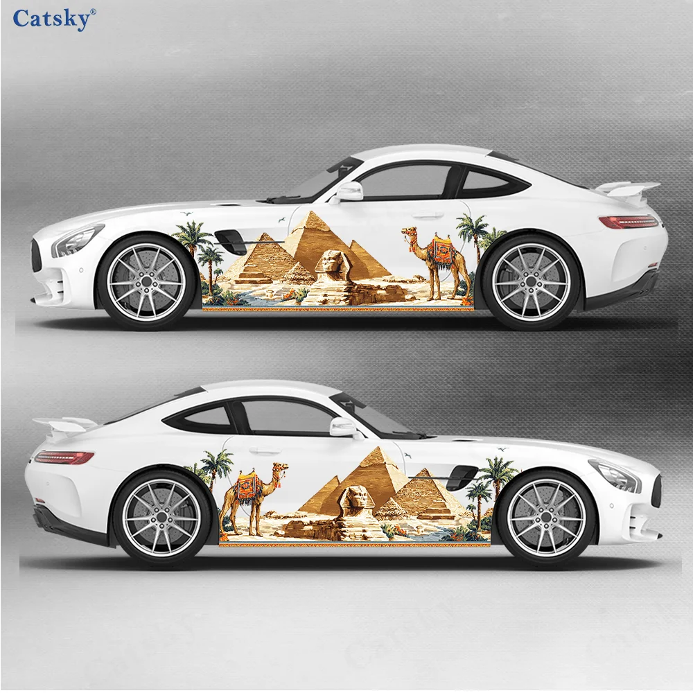 

Desert Egypt Pyramid and Camel Car Side Car Wraps, Self-Adhesive PVC Waterproof & Scratch-Resistant Stickers, Car Accessory Gift