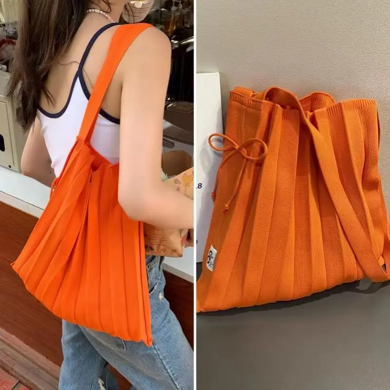 Korean Niche Designer Pleated Shoulder Shopping Bag Spring and Summer Foldable Knitted Large Portable Organ Bags for Women