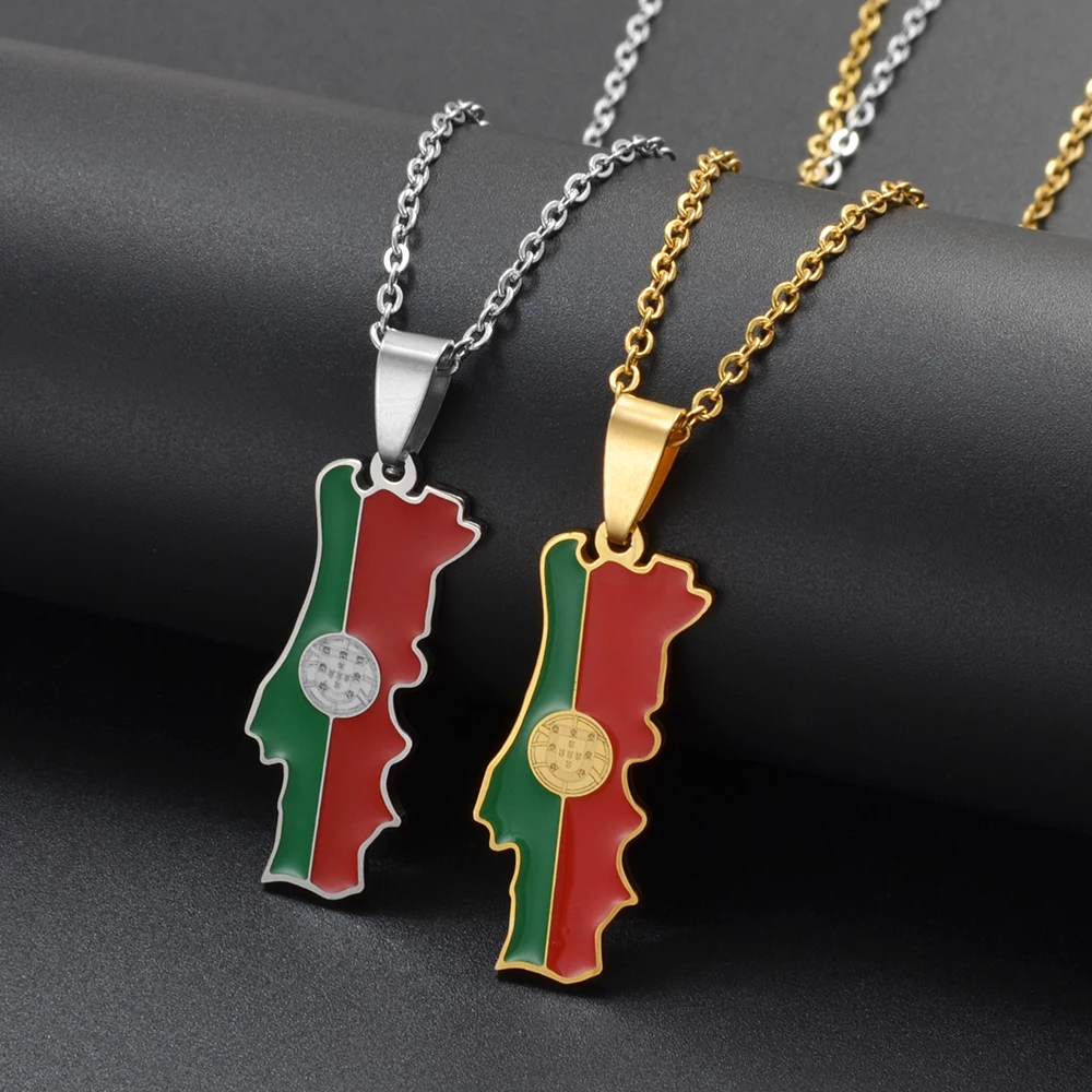 Anniyo Portugal Map Flag Pendant Necklaces for Women Girls Jewelry Portuguese Charms Maps @326921