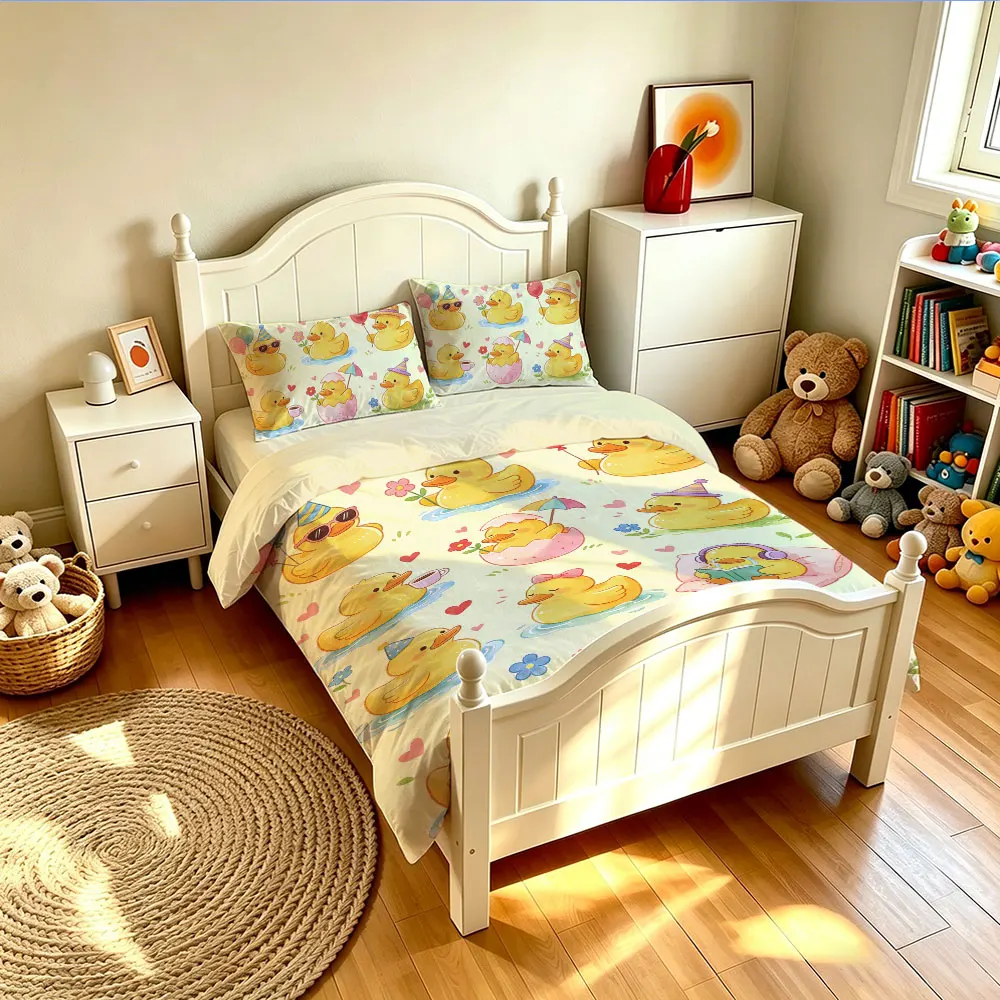 3PCS Cartoon Hand-drawn Cute Little Yellow Duck Duvet Cover Set, Multi-Pose Soft Bedding Decor, Machine Washable, Multi-size
