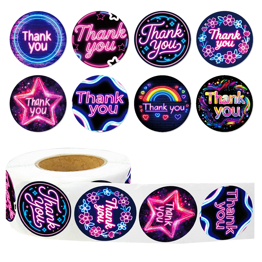

500pcs/roll Neon Thank You Cartoon Stickers Creative Sealing Labels Decals DIY Notebook Guitar Phone Laptop Sticker for Kids Toy