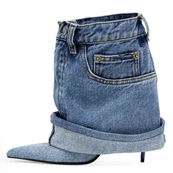 Blue Denim Slim Heel Cuffed Short Boots Rivet Pocket Design Pointed Toe Metal Buckle High Heel Fashion Large Size 45 Women Boots