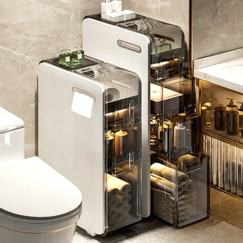 

Bathroom Storage Cabinet-Narrow Gap Floor-to-Ceiling Organizer Toilet Trolley Warehouse Solution Vertical Space Utilization