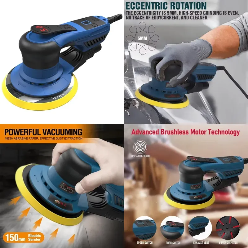 Industry Control Electric 220V 10000r/Min 360W Brushless Motor Plug Variable Speed Orbital Sander 6 Disc Adhesive-Backed