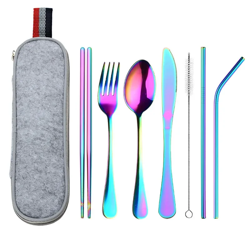 Portable Travel Cutlery Set Stainless Steel Fork Spoon Knife Straw Set Reusable Taleware Utensils With Cake Camp Kitchen Utensil