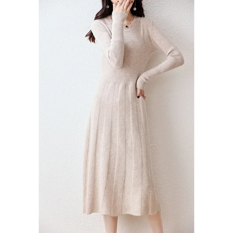 Hot Sale 100% Merino Wool Knitted Sweater Women Dress Winter/Autumn Female Knee Length Dresses Long Style Thicken Knit Jumper