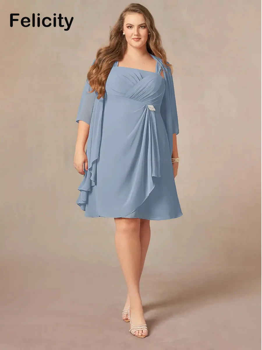 Plus Size dwuczęściowe sukienki matki panny młodej 2023 kwadratowa do kolan kryształowa plisa suknia dla gościa weselnego Gala Vestido