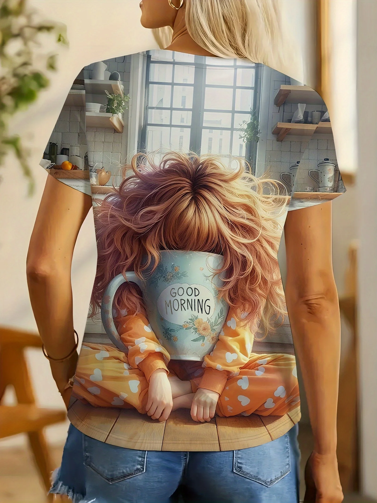 Women T‑Shirt Funny Good Morning Girl Coffee Cup Kitchen Scene Art Print Short Sleeve Crew Neck Casual Summer Tops