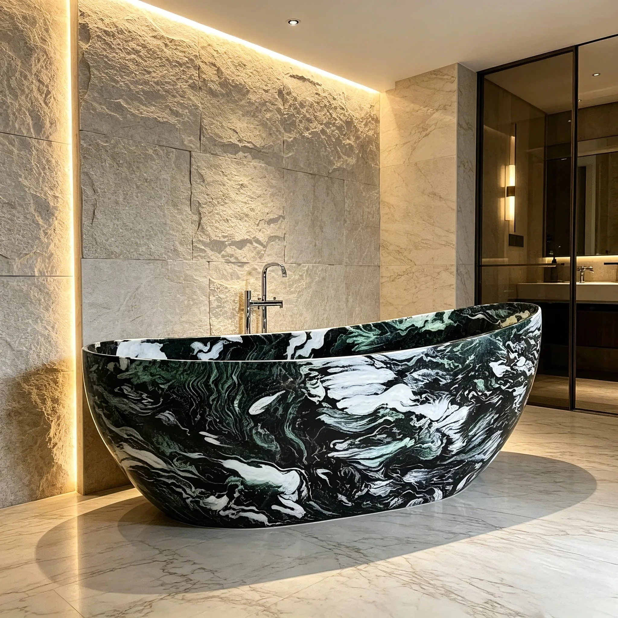 Luxury Black Green Marble Solid Freestanding Bathtub Artificial Stone Carved Oval Soaking Tub for Hotel Villa Bathroom