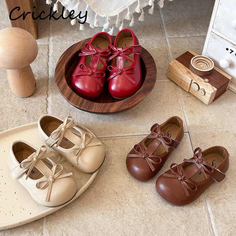 Cute Bow Solid Children Flats Shoes PU Leather T-Strap Girls Princess Shoes Hook Loop Non Slip Soft Kids Party Shoes