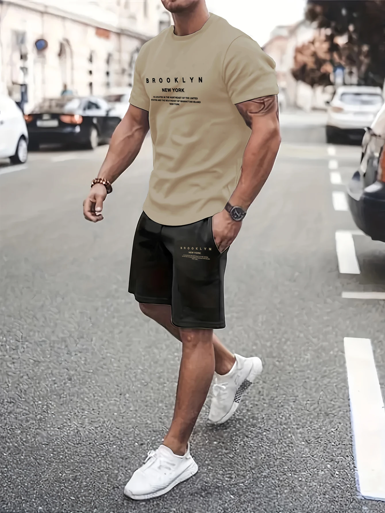 Short-sleeved shorts summer suit men\'s t-shirt trend printing round neck men\'s set with gangster handsome sports two-piece suit