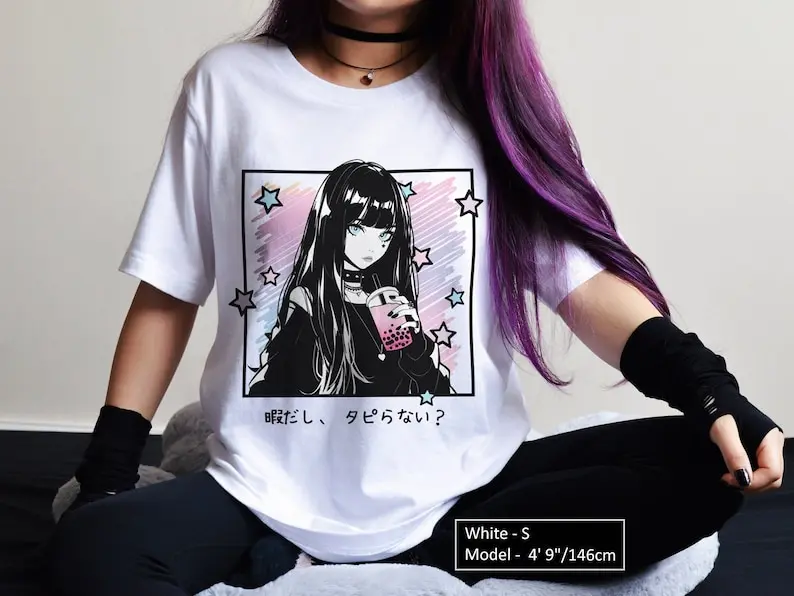 

Harajuku Pastel Goth Anime Shirt Bubble tea Yami Kawaii Streetwear Lightweight Cotton Tee Cute Boba Tea girl T shirt