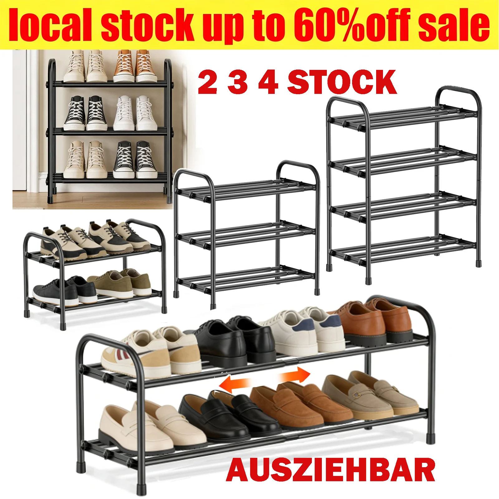 2/3/4-stöckiges, ausziehbares Schuhregal, höhenverstellbares Metallregal von 43 bis 78 cm, Montage ohne Werkzeug, geeignet für Flure, Eingangsbereiche und enge Räume
