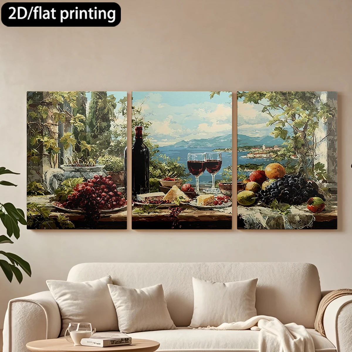 

2D плоская печать, набор из 3 картин на холсте в деревянных рамах: вино, фрукты, сыр, вид на побережье. Декор для коридора и спальни.