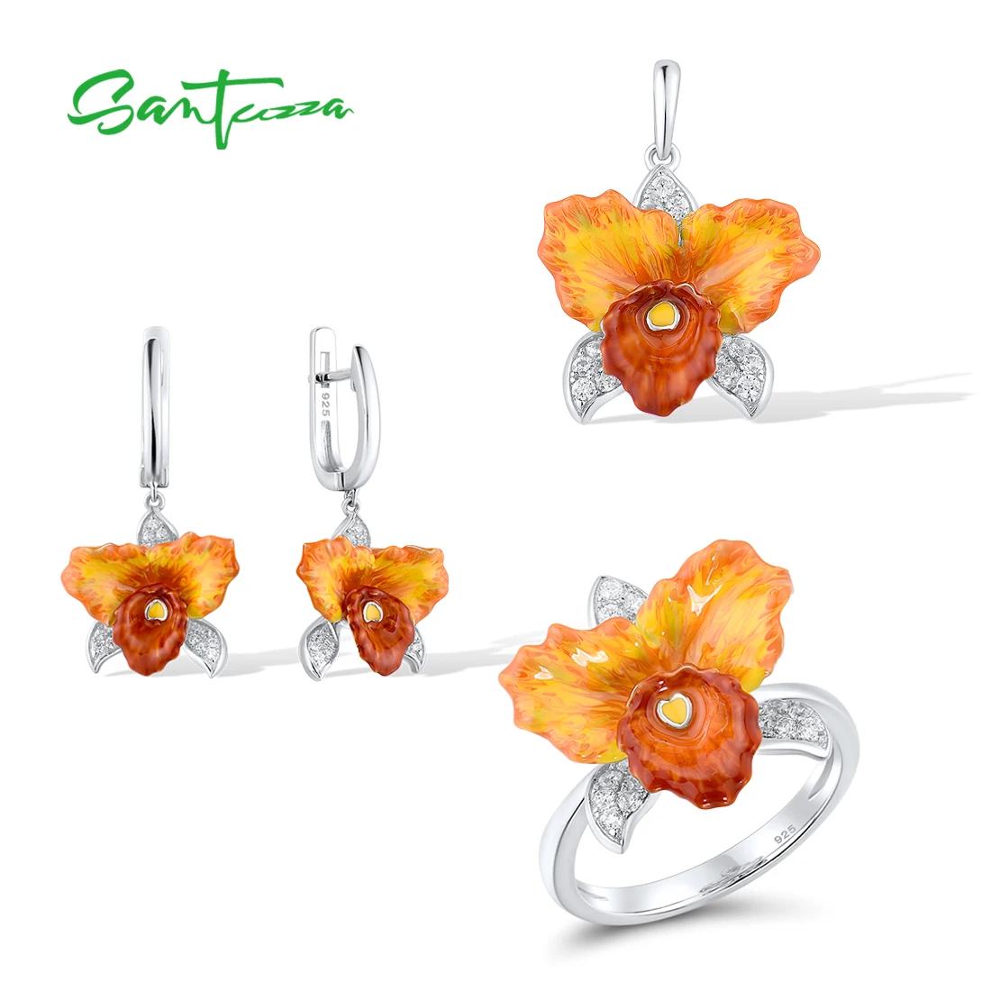 SANTUZZA Jewelry Set For Women 925 Sterling Silver Yellow Orchid Flower Enamel Pendant Earrings Ring Gorgeous Fine Jewelry