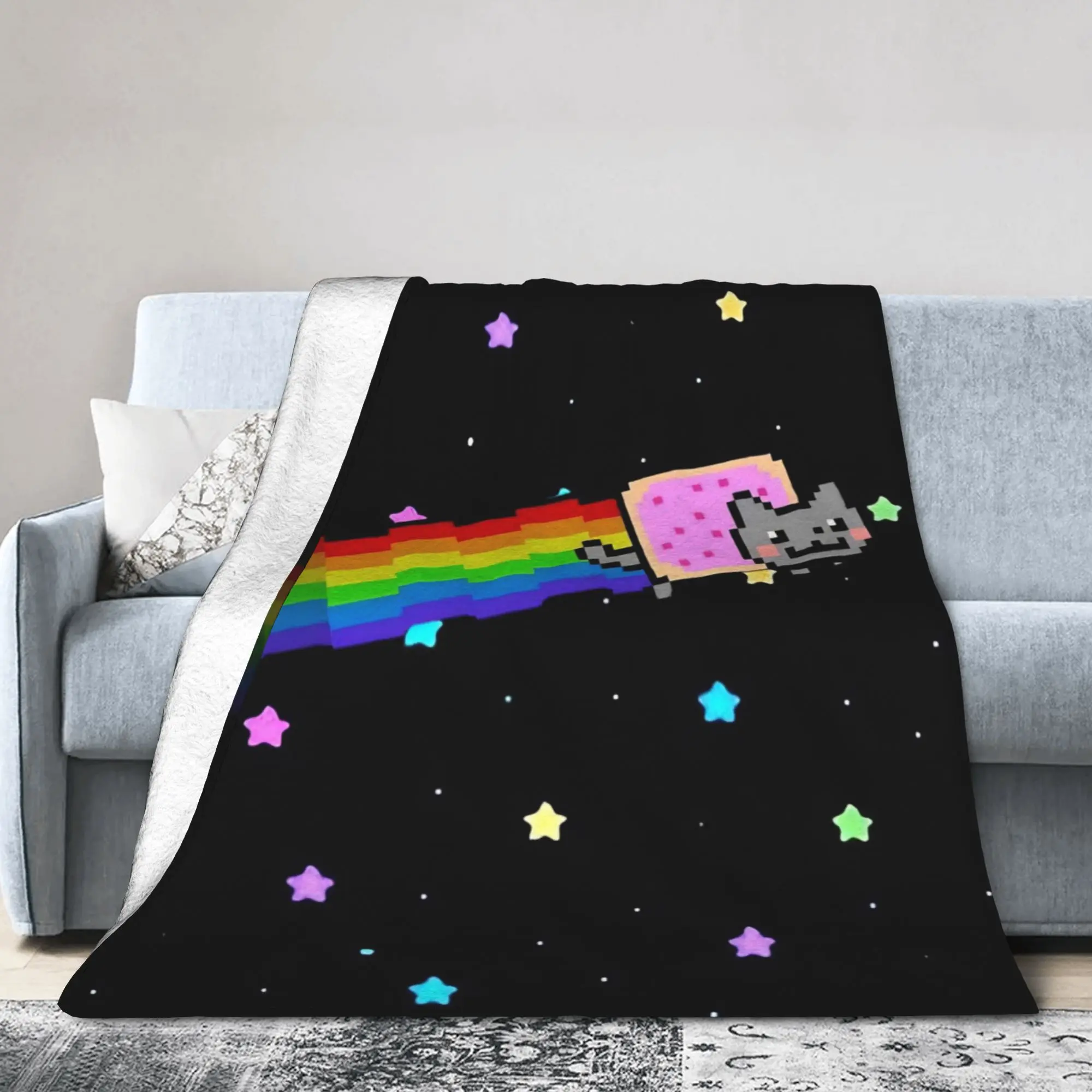 Nyan-Cats Rainbow Funny Game Blankets Fleece Printed Internet Meme Portable Thin Throw Blankets for Travel