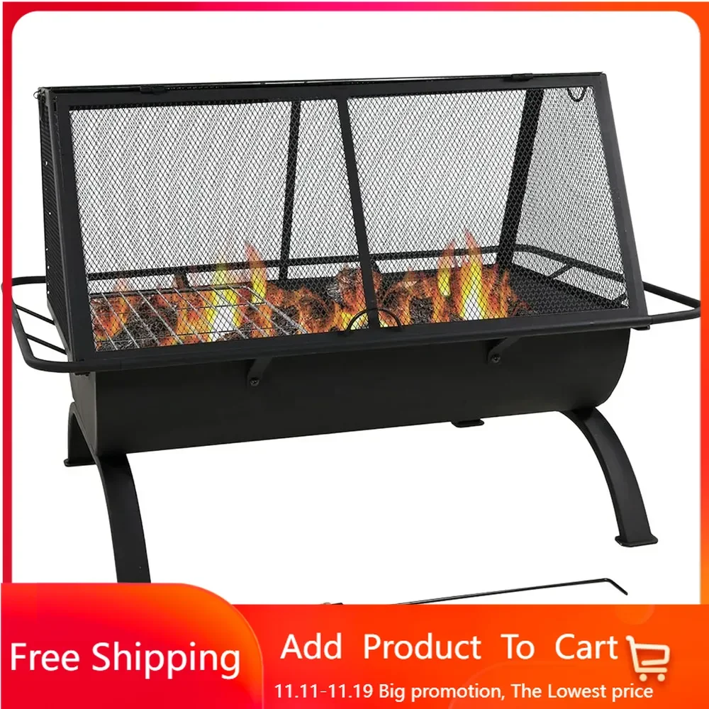 36-Inch Northland Steel Outdoor Fire Pit with Grill and Spark Screen - Vinyl Protective Cover - Black Finish