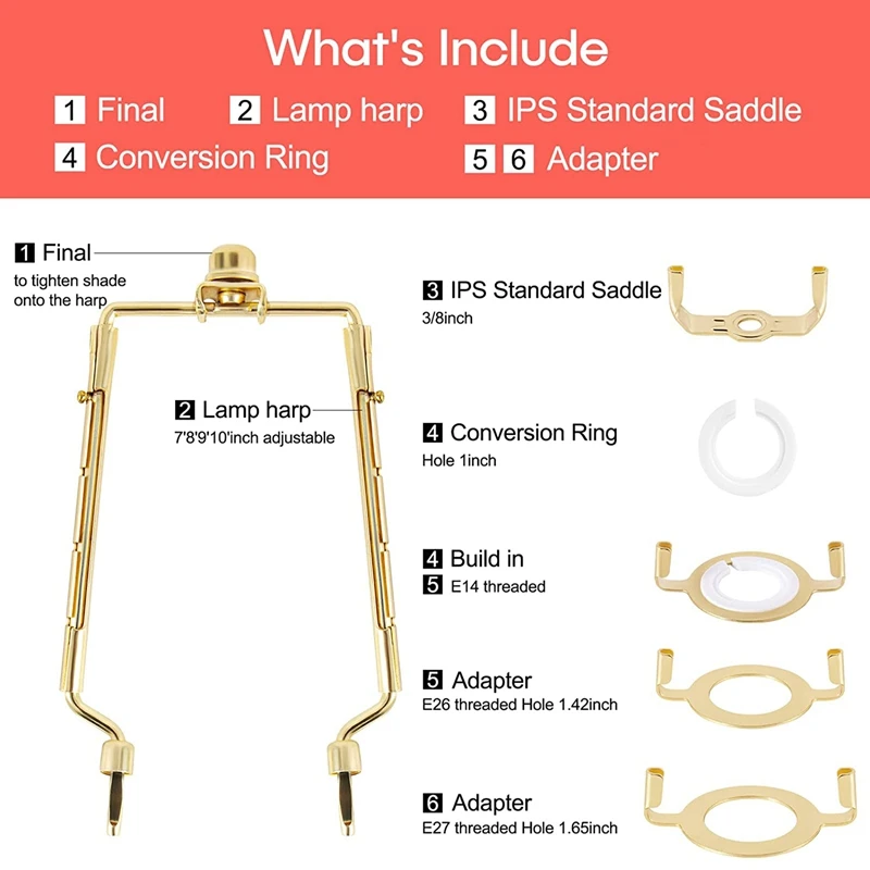 2PCS Lamp Shade Harp Holder 7Inch E14,E26,E27 Light Base Adapter Adjustable Lamp Harp Kit Gold Horn Frame Lampshade Bracket