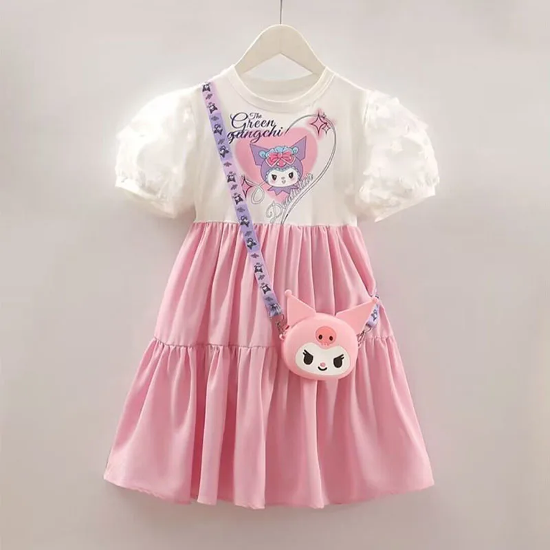 Anime Sanrioed Kuromi Girls Clothing Fashion Short Sleeve Dress Sweet Princess Dress Cartoon Korean Vestidos Summer Dress Gift