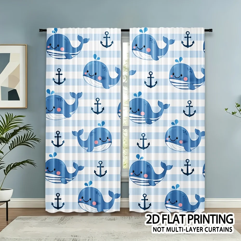 Ocean Whale Anchor Rod Pocket Curtain Lovely Blush Whale Marine Striped Soft Pattern For Boy Playroom Apartment Balcony Window
