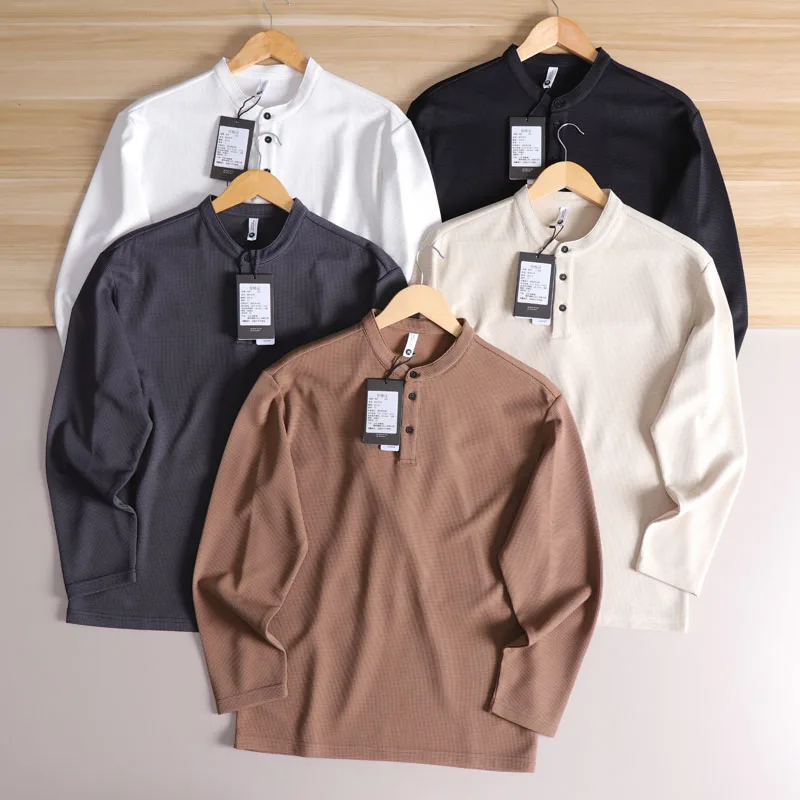

Ретро-американский свитшот с длинным рукавом и воротником хенли, мужская свободная повседневная футболка, весенне-осенняя модная модель из полиэфирного волокна