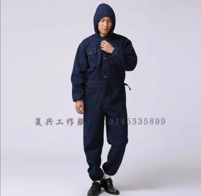 Plus Size Winter Men's Denim Overalls One-piece Hooded Repairman Overcoat Welding Work Clothes Onesies Male Dust-proof Outerwear