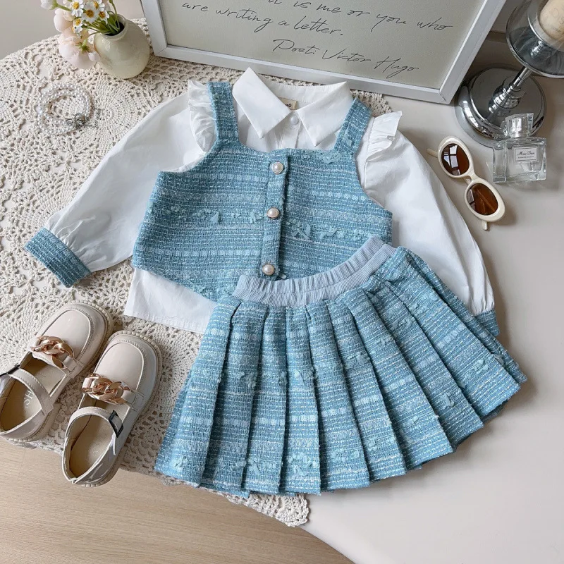 

Children's Outfit Skirt New Winter Style Baby Girl Fashionable Shirt Vest Pleated Skirt Refreshing Three-Piece Set