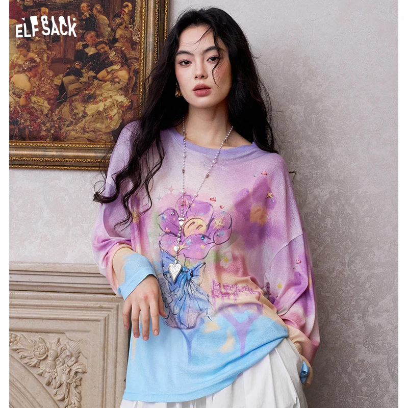 

ELFSACK Floral Pony Print Tie Dye Oversized Top, Gothic Court Knit Long Sleeve Tee, Sweet Casual Daily Shirt for Women