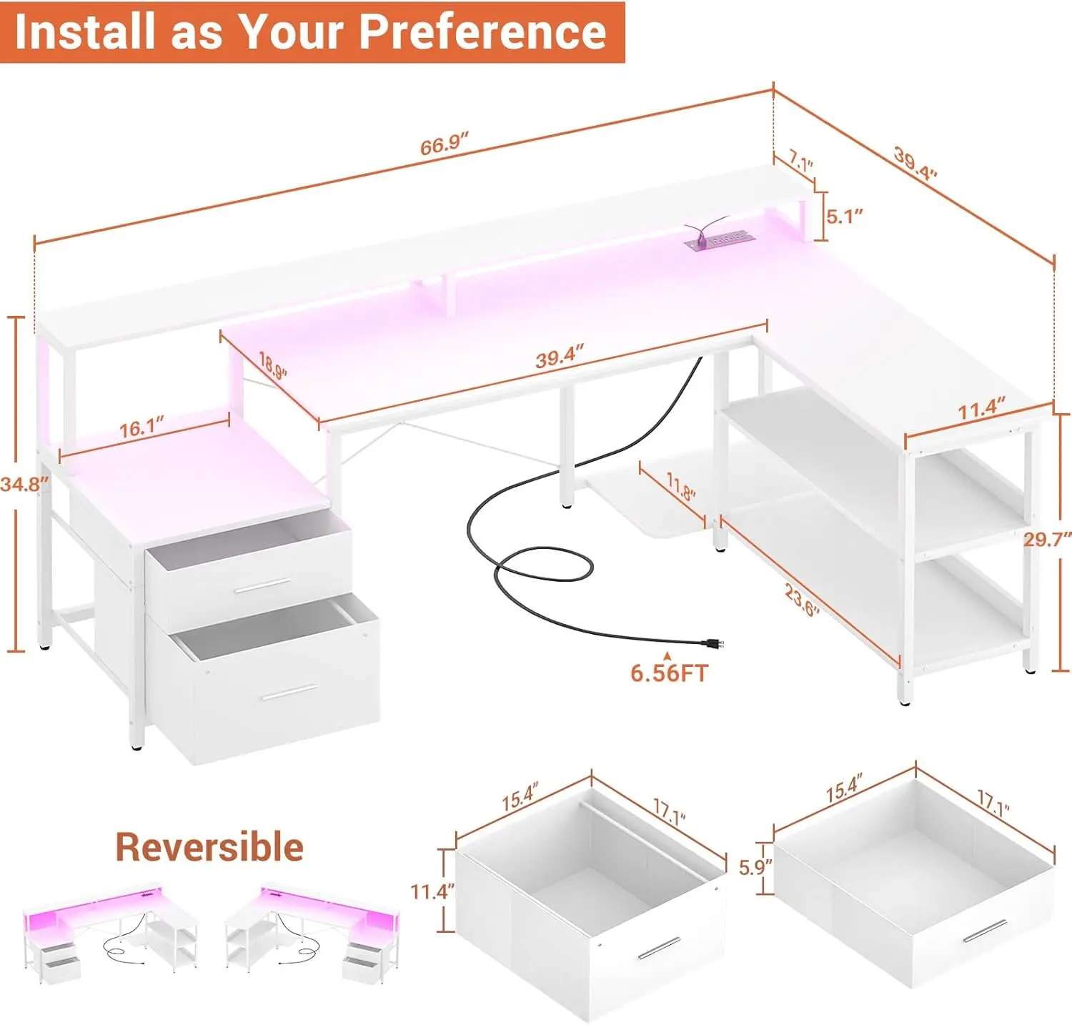 66' Reversible L Shaped Desk, File Drawer, Power Outlet, LED Strip, Gaming Desk, Monitor Stand, Storage, White